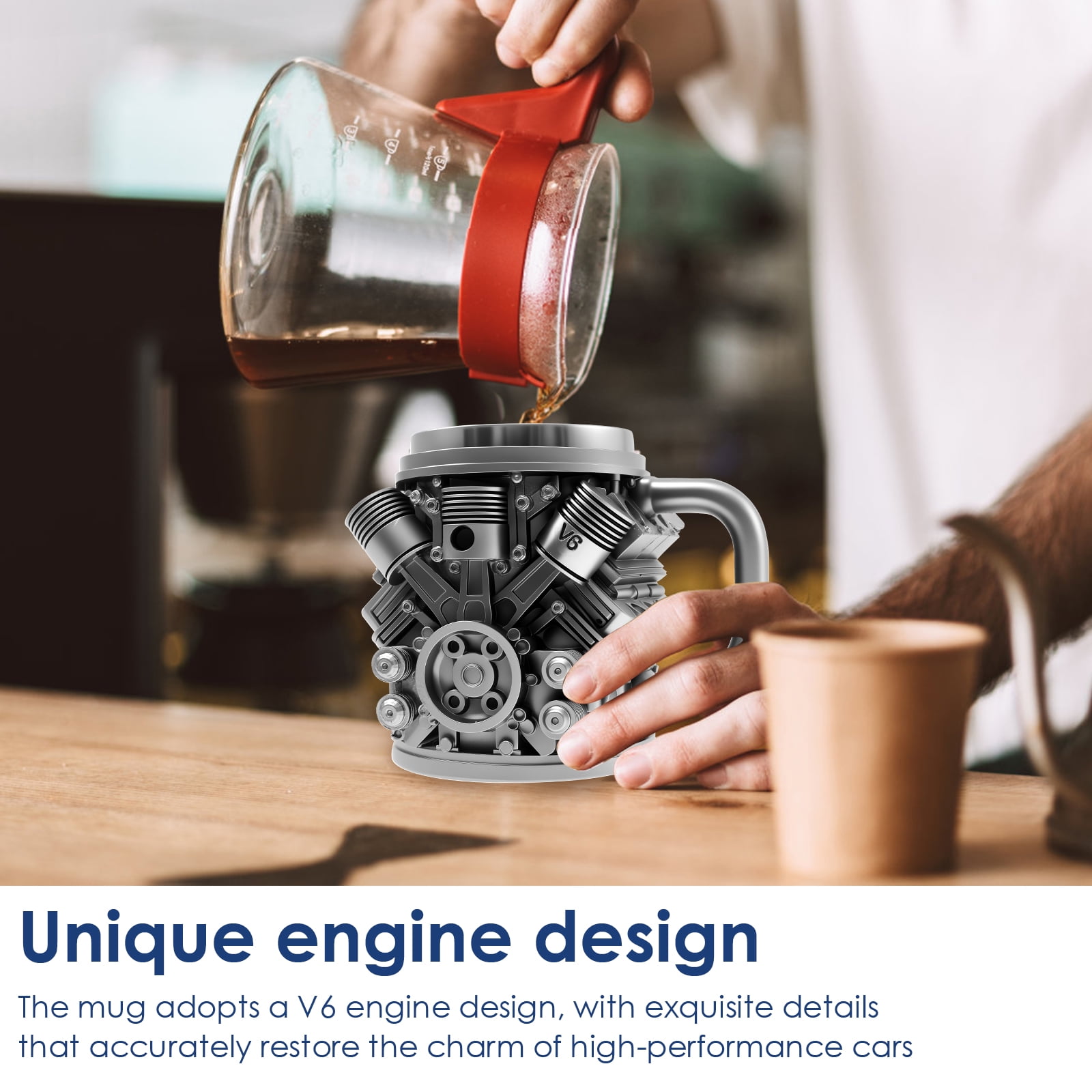 Qenwkxz Engine Coffee Mug Creative Car V6/V8 Engine Coffee Cup with Handle Novelty Stainless Steel Beverage Mug for Car Lovers Enthusiasts Black