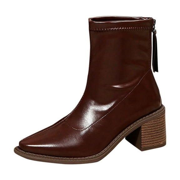 KEGIRLOM Women's Fashion Casual British Style Ankle Boots Solid Color Pointed Toe Back Zipper Thick Heel Mid Heel Ankle Boots Brown 9