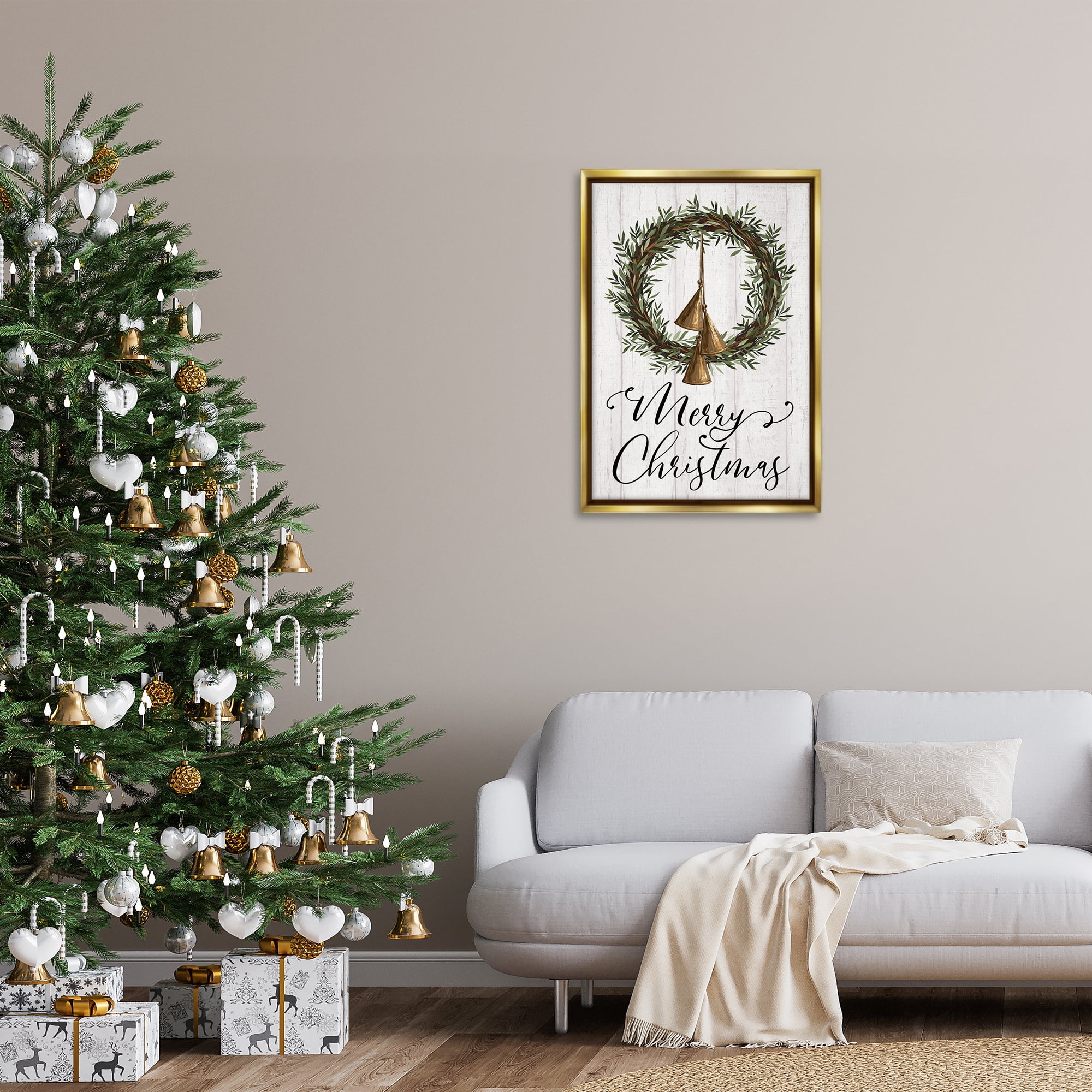 Stupell Industries Christmas Wreath & Bells Holiday Painting Gold Floater Framed Canvas Art Prints Wall Art, 21 x 31