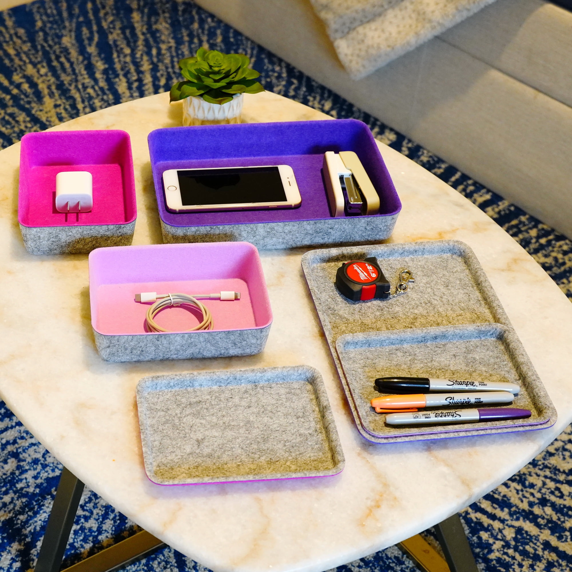 Welaxy Lidded Felt Drawer Organizer Trays with lids Desktop Organizer Bins Storage box for crafts office supplies pen Junk Makeup Stationery Organize 3-Pack (light pink + hot pink + purple)