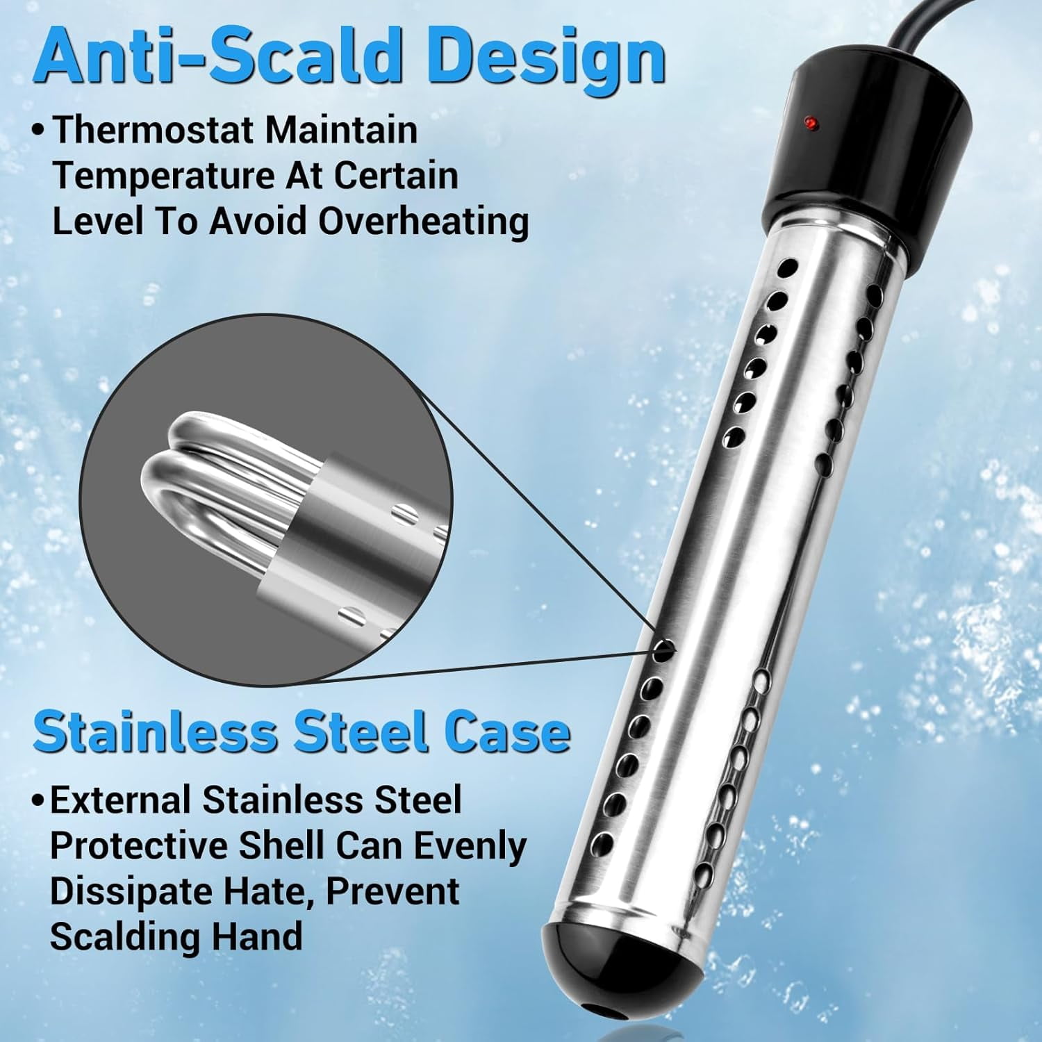 JOGGEIL Immersion Water Heater 1500W with 158°F Auto Shut-off, Portable Submersible Water Heater with Full 304 Stainless Steel Guard and LCD Thermometer, Fast Heating for Bucket, Bathtub, Small Pool