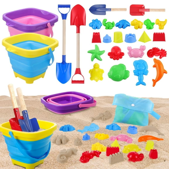 sixwipe 27 Pcs Beach Toys for Kids, Collapsible Sand Bucket and Shovels Set with Mesh Bag & Sand Molds, Sand Castle Toys for Beach, Travel Sand Toys for Beach, Sandbox Toys for Toddlers Kids Age 3-10(27 pcs)