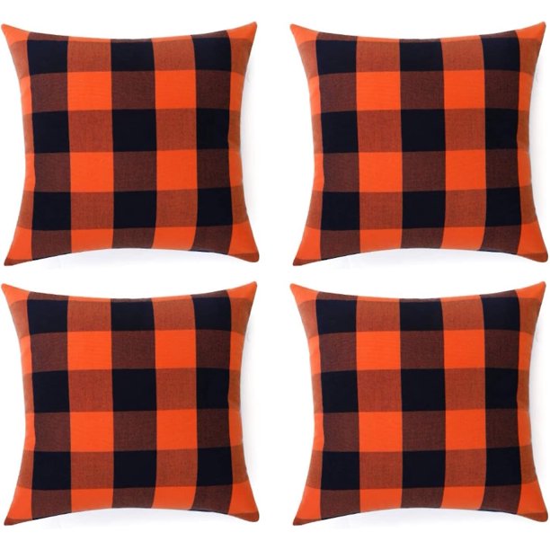 Juego de 4 fundas de almohada a cuadros de búfalo de otoño de Halloween, funda de almohada cuadrada decorativa de granja, funda de almohada de 18x18 pulgadas para el hogar