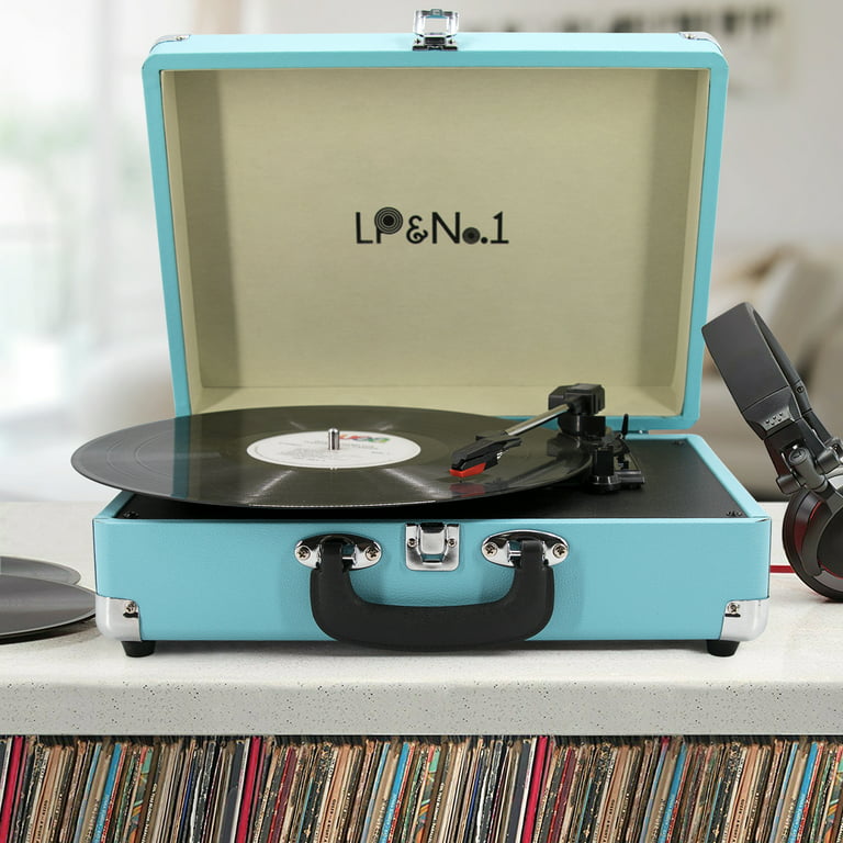 LP&No.1 Record Player, 3 Speed Vinyl Turntable with 2 Built in Stereo  Speakers, Supports RCA Line Out, AUX in, Portable Vintage Suitcase Blue 