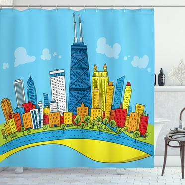 Ambesonne Chicago Skyline Shower Curtain, Cartoon City View, 69"Wx84"L, Multicolor