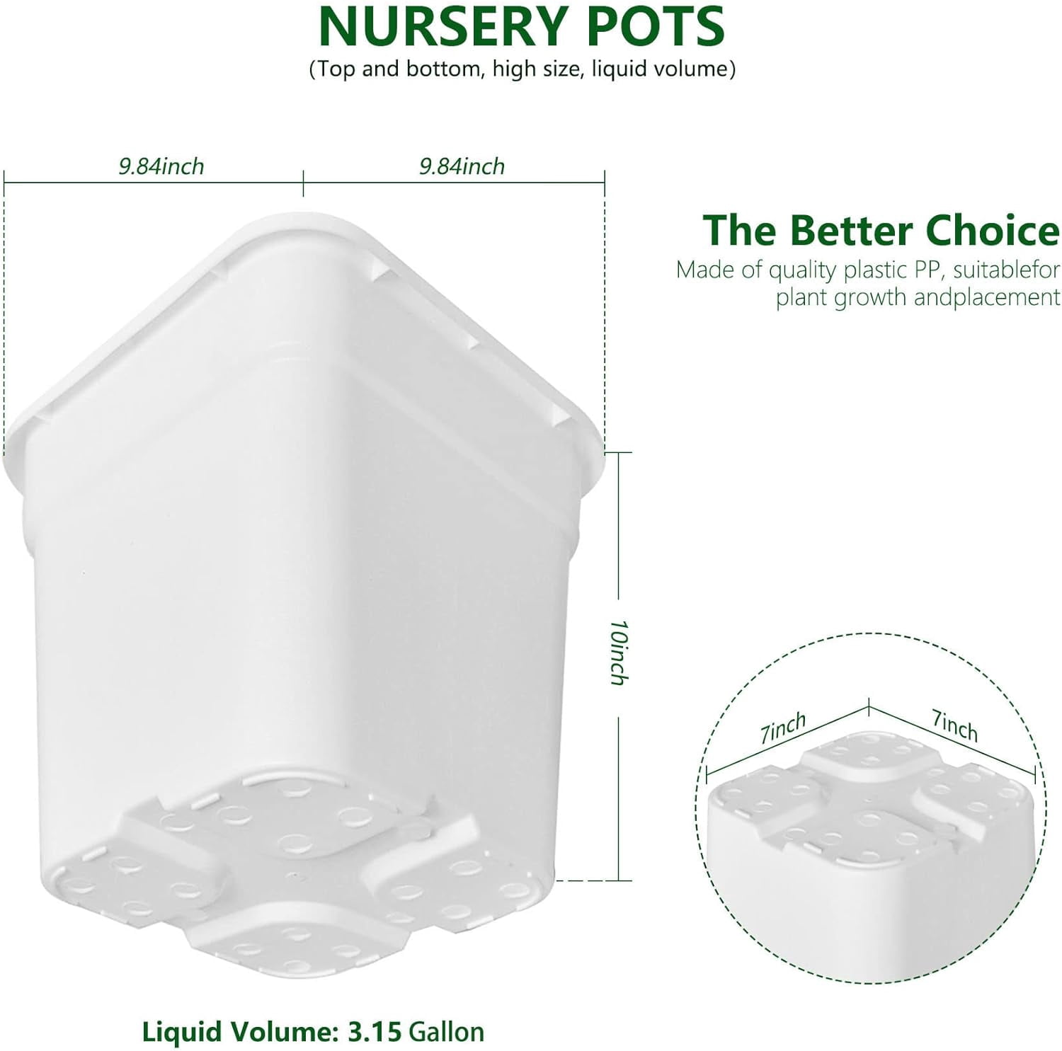 netuera 10-Pack 3 Gallon Square Planter Nursery Pots, Flower Plant Container Injection Molded Plastic Nursery Pots Gardening Pots for Indoor Outdoor Vegetables, Succulents, White