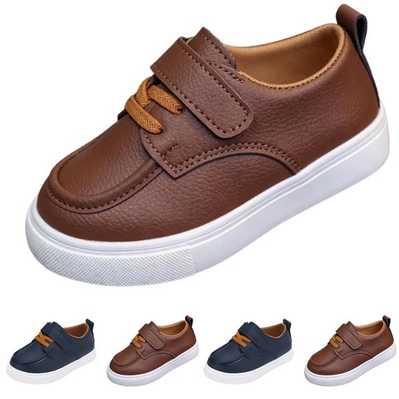 Purcolt Boys and Girls PU Leather Loafer Sneakers Comfort Casual Round Toe Boat Shoes Lightweight Slip On Walking Shoes with Single Strap Hook and Loop