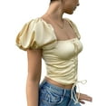 thumbnail image 3 of Douhoow Women Puff Sleeve Tops Solid Color Lace-Up Crop Top Summer Ruffle T-shirt, 3 of 7