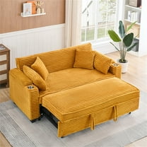 Aukfa 80" Comfy Couch Convertible Sofa Bed with Cup Holder for Living Room, 4Pillows, Corduroy, Mustard