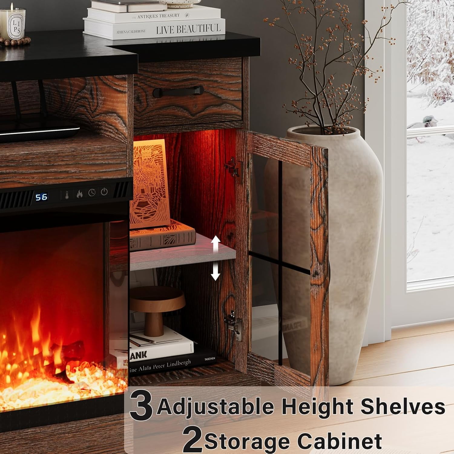 DreamCurship Fireplace TV Stand for TVs up to 80", Farmhouse TV Stand with Electric Fireplace, Glass Door Entertainment Center with Led Light, Media Console Table for Living Room, Black Brown