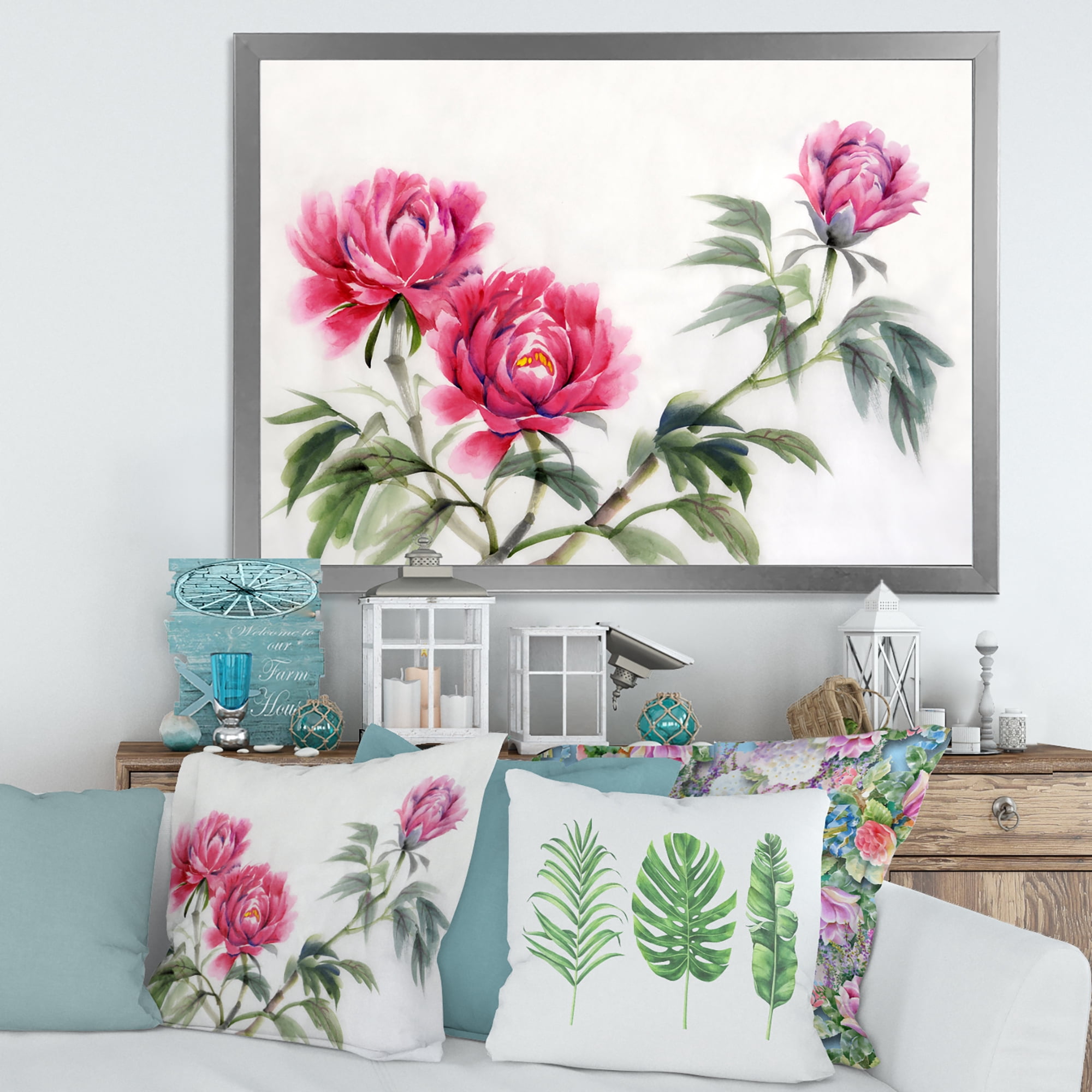Designart 'Three Vintage Red Peonies Flowers' Traditional Framed Art Print