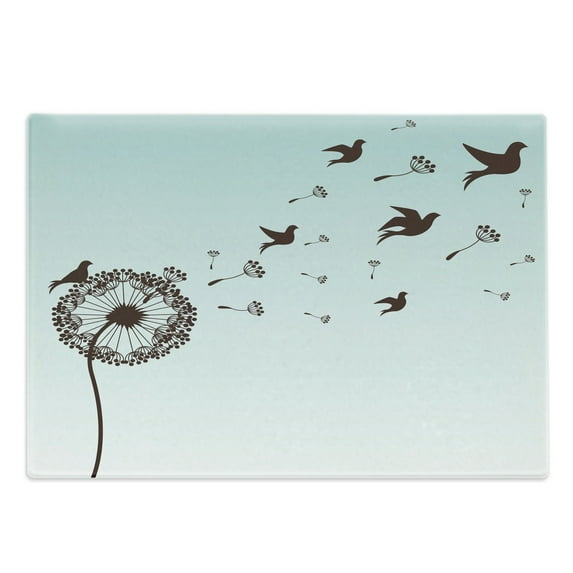 Art Cutting Board, Dandelion Flower Arrangement Petals Doves Flying Silhouettes Fantasy Blooms Print, Decorative Tempered Glass Cutting and Serving Board, Large Size, Turquoise Brown, by Ambesonne