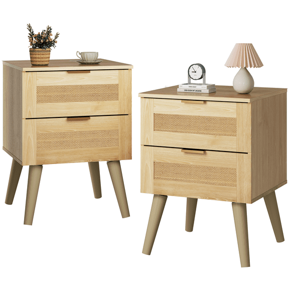 GALAXHERO Rattan Nightstands Set of 2, Wood Bedside Table with 2 Drawers, Boho Night Stand with Solid Legs for Bedroom, Living Room, Natural Oak