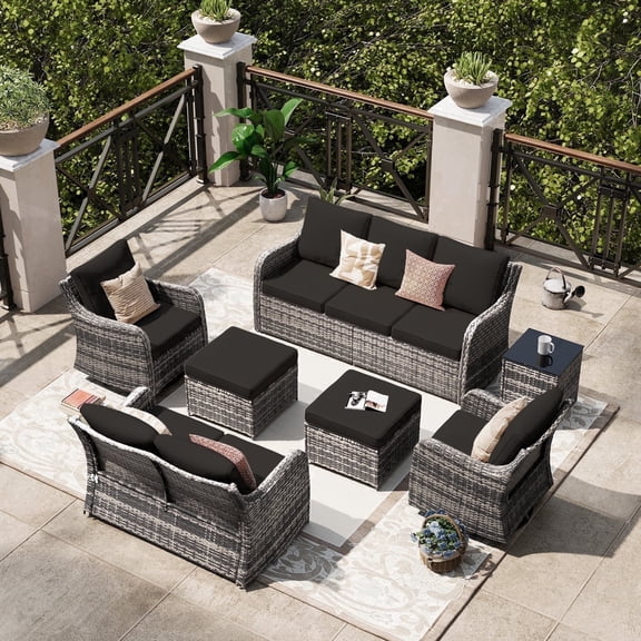 MEISSALIVVE 7 Pieces Patio Furniture Set with Swivel Chair, Wicker Patio Sofa, Rattan Conversation Set with Three-seat sofa, 2 Ottomans and Loveseat for Lawn Backyard (Black)
