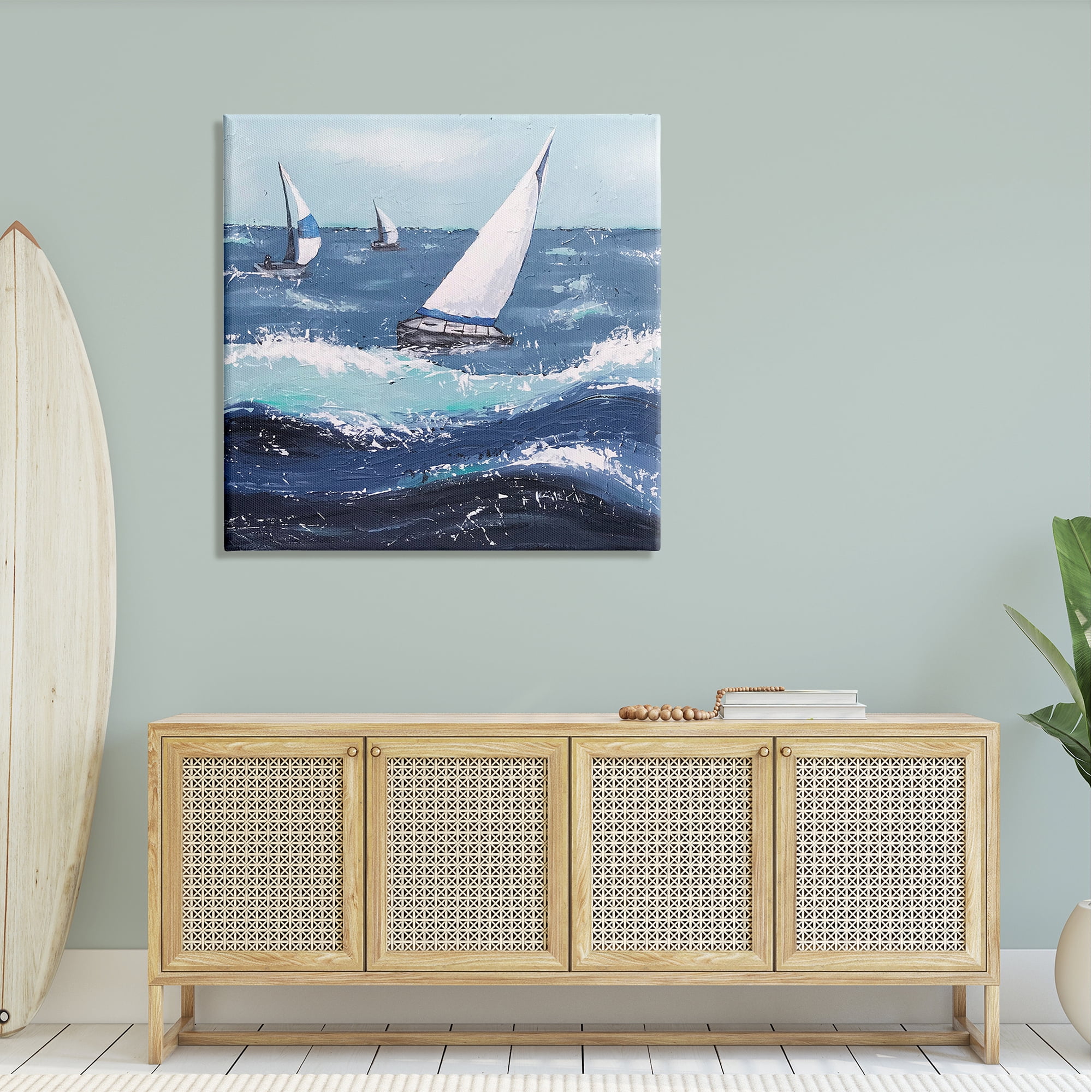 Stupell Rough Ocean Waves Sailing Boats Landscape Painting Gallery Wrapped Canvas Print Wall Art