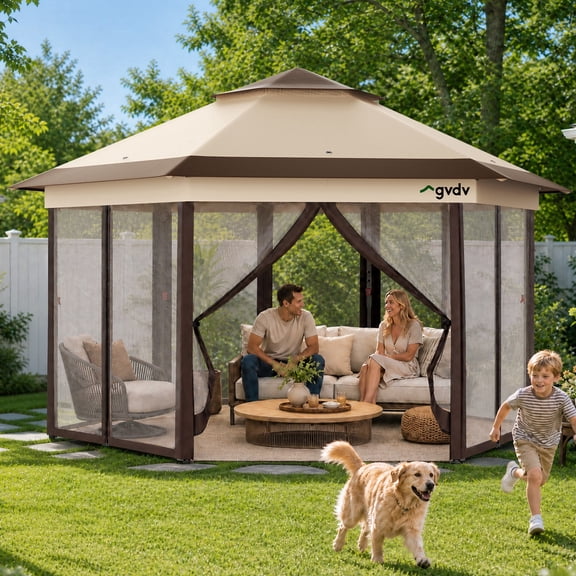 GVDV 12x12 Pop Up Canopy Tent  Gazebo, Screen Tent with Mesh Netting, Outdoor Gazebo Shelter with Carrying Bag for Camping, Backyard, Patio and Lawn, Brown