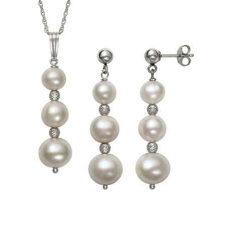 Cultured Freshwater Pearl and Sterling Silver Faceted Bead Pendant and Earring Set, 18"