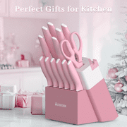 Astercook Knife Set, 14 Pieces Kitchen Knives Set with Block & Built-in Sharpener, German Stainless Steel Knives with Ergonomic Handles, Sharp & Rust Resistant Dishwasher Safe Pink