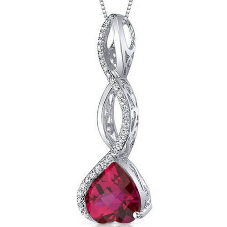 Oravo 4.00 Carat T.G.W. Heart-Shape Created Ruby Rhodium over Sterling Silver Pendant, 18