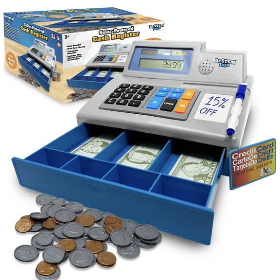Dr. STEM: Solar-Powered Cash Register - Gray - 68pc Store & Shopping Roleplay Toy, Working Math Calculator, Sounds, Play Money & Debit Card, Kids 3 