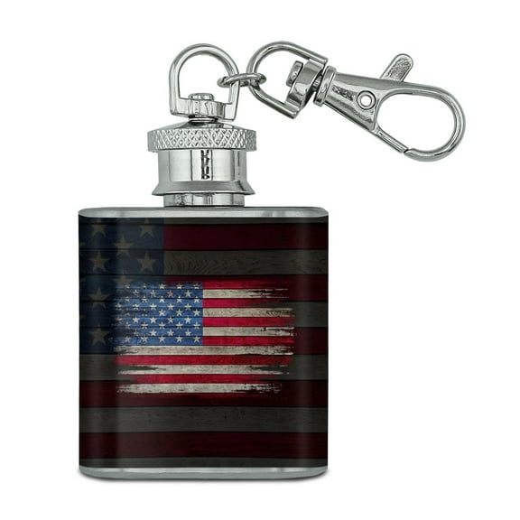 Rustic American Flag Wood Grain Design Stainless Steel 1oz Mini Flask Key Chain