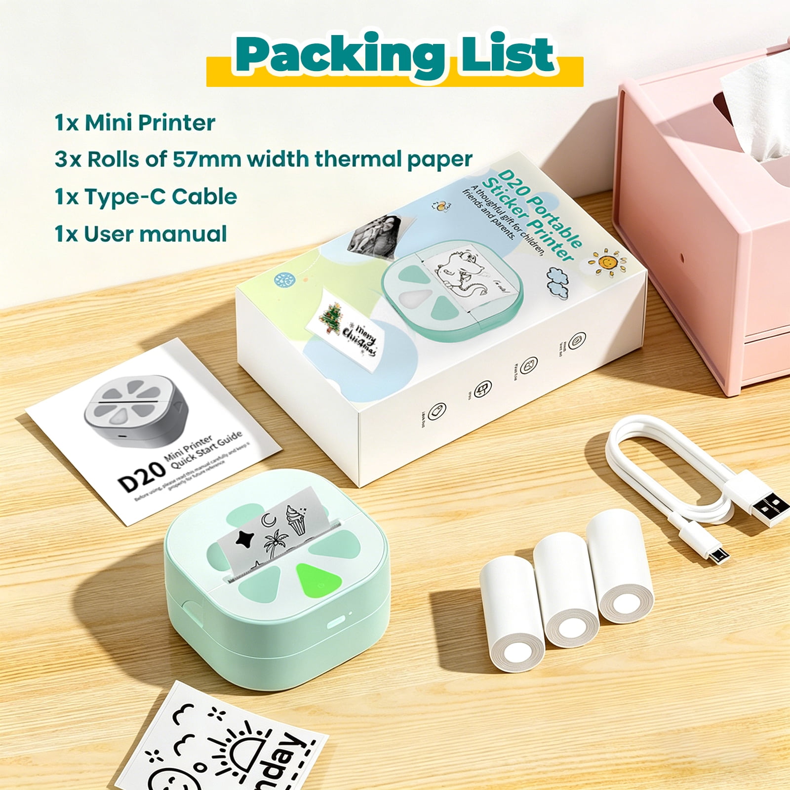 Pocket Printer for iPhone/Android, Wireless Mini Sticker Printer with 3rolls Journal Memo Photo Study, The Perfect Christmas Gift, Memo Sticker Creation, Portable Photo Printer, PINK