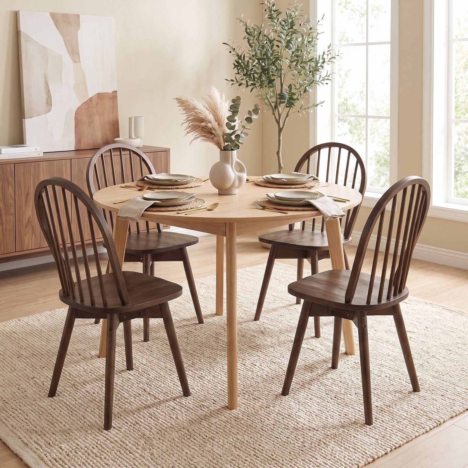 Furnibear Swivel Windsor Dining Chairs Set of 2 with Solid Rubber Wood Frame for Kitchen Dining Room Living Room Home, Walnut