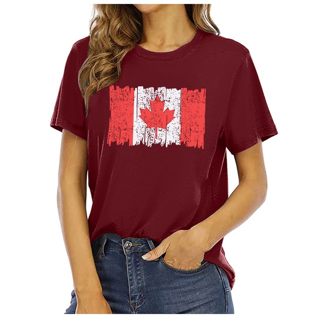 T-shirt Femme Drapeau du Canada Graphique T-Shirt Feuille d'Érable Canadienne Manches Courtes Patriotique T-Shirts Femme Rouge G