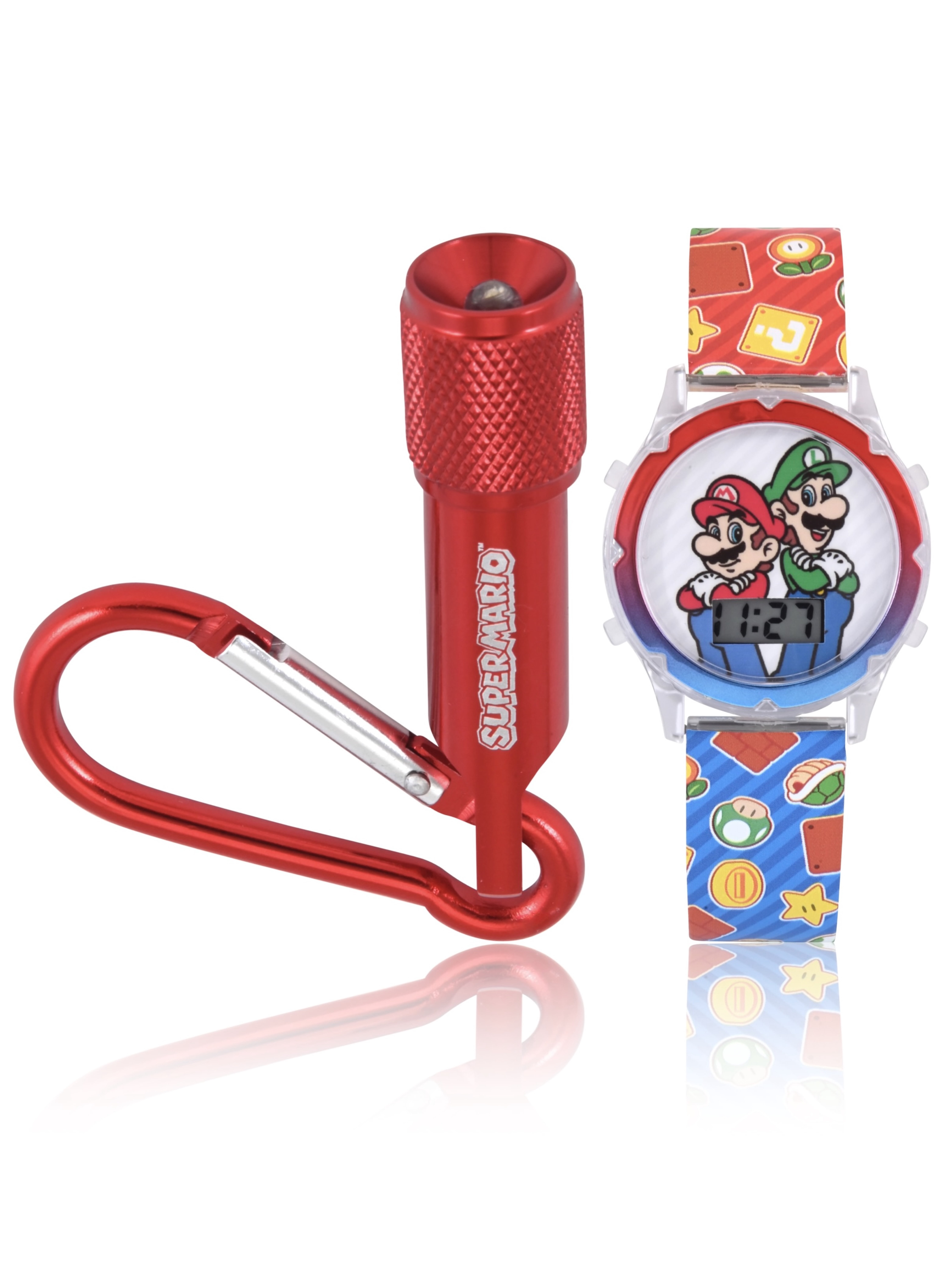 Nintendo Super Mario Brothers Unisex Child Red and Blue 2pc LCD Watch and Flashlight Set, GSM40095WM