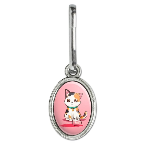 Kawaii Cute Cat Spilled Glass of Water Antiqued Oval Charm Clothes Purse Suitcase Backpack Zipper Pull Aid