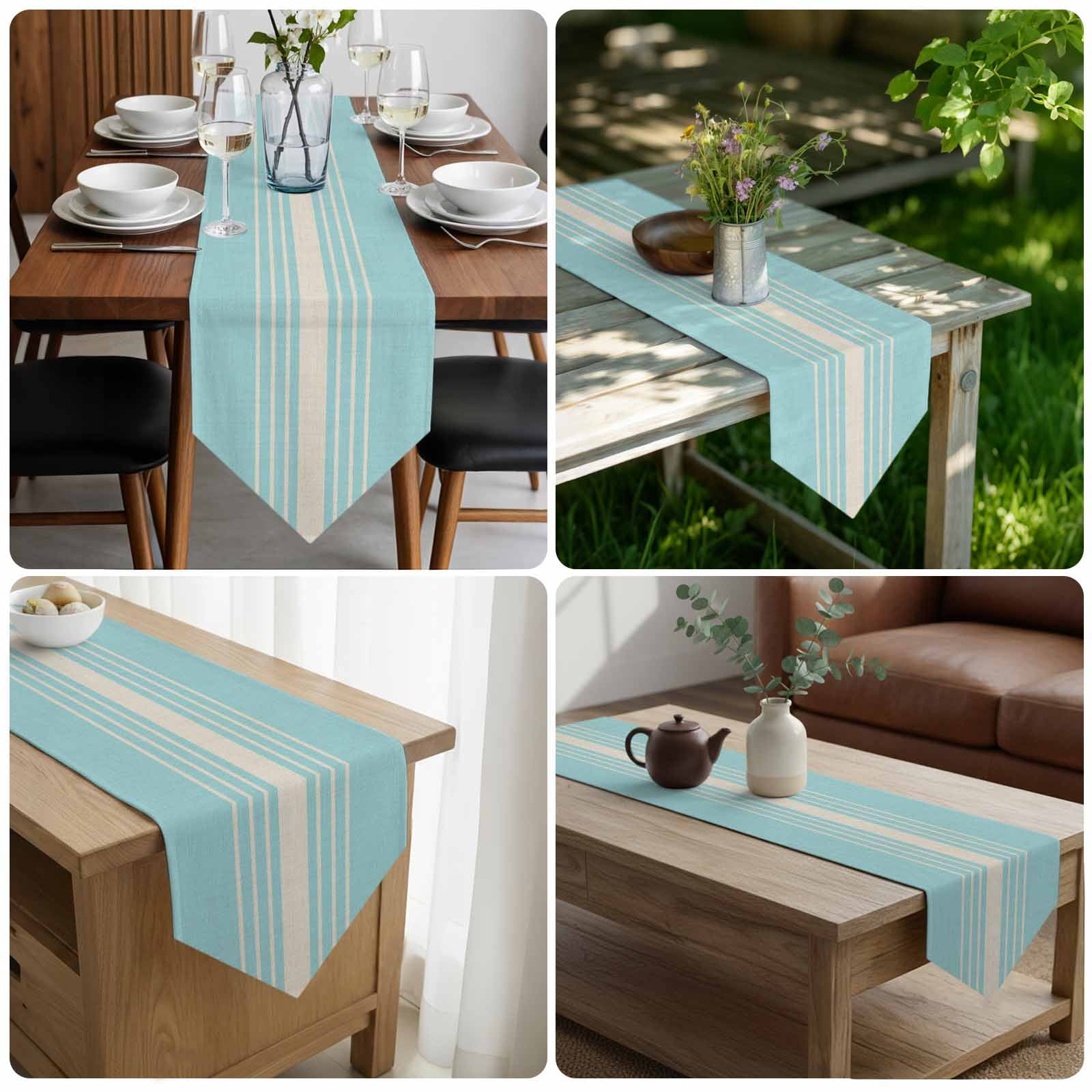Aqua Beige Striped Table Runner Linen Burlap Table Runner 48 Inches Long Modern Farmhouse Retro Lines Dresser Scarves for Kitchen Island Coffee Dining Room Party Holiday Decoration 13"x48"