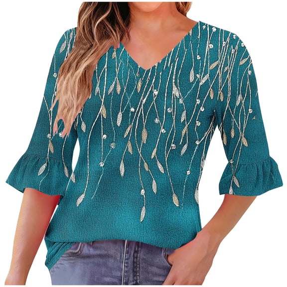 YUGYXL Color Block Knit Top for Women V Neck 3/4 Sleeve Blouses Casual Loose Fit Fall Winter Tunic Pullover Blue M