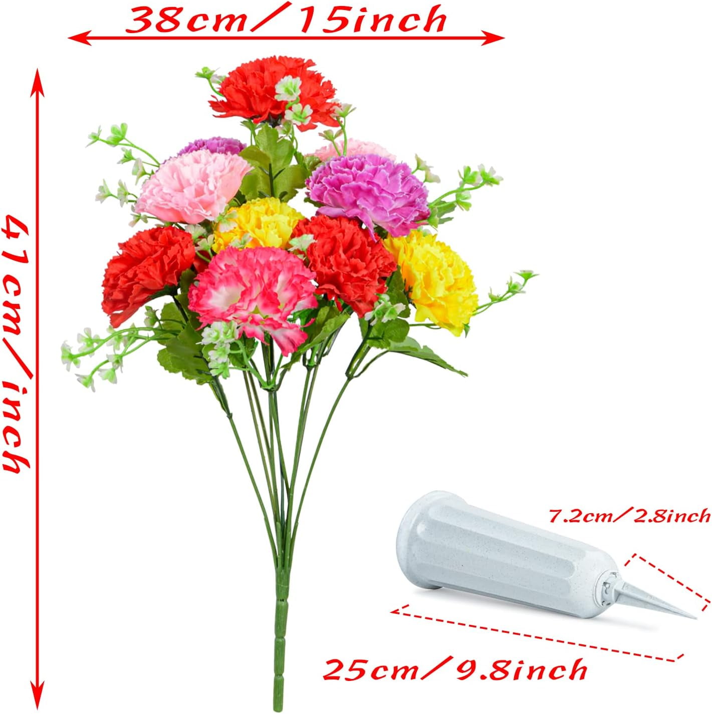 Cemetery Flowers, Set of Artificial Carnation Bouquet Grave Memorial Flowers with Vase for Cemetery Headstones Decoration (Carnation)
