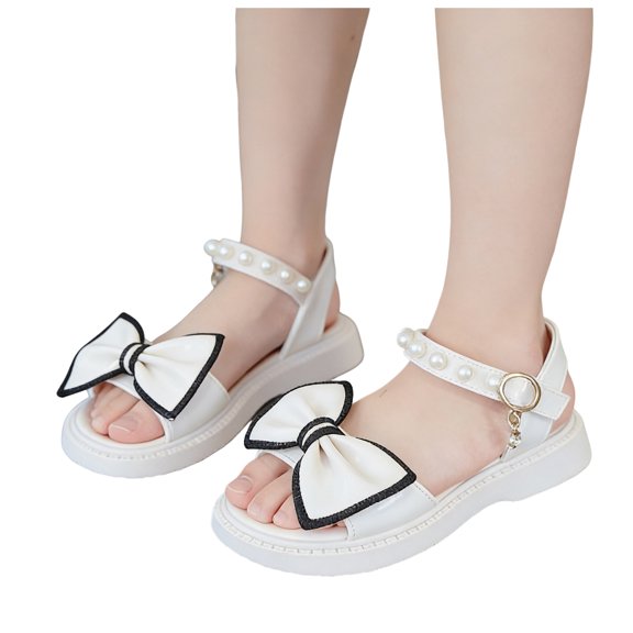 Girls Flat Sandals Open Toe Cute Bow Lightweight Thick Sole Soft Footbed Pearl Ankle Strap Princess Dress Shoes White 3.5 Big Kid