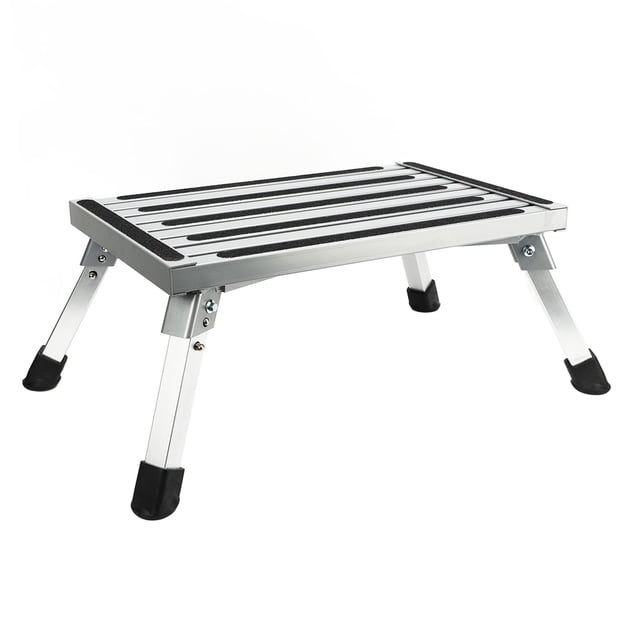 Taburete con escalón para RV, pies de goma multifuncionales, taburete plegable con escalón para RV de aleación de aluminio estable plateado