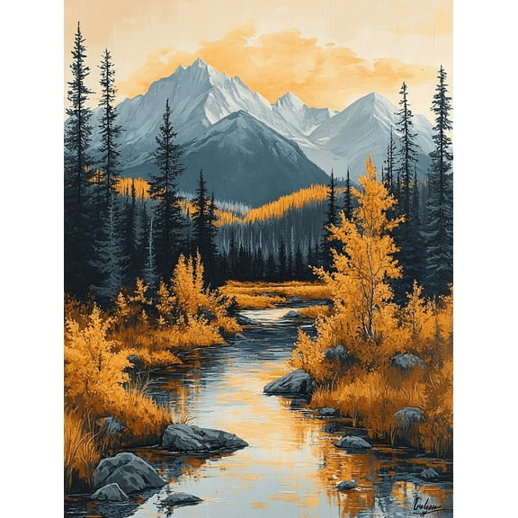 Autumn Mountain River Landscape Canvas Wall Art, Suitable for Living Room, Dining Room and Hallway Decoration.