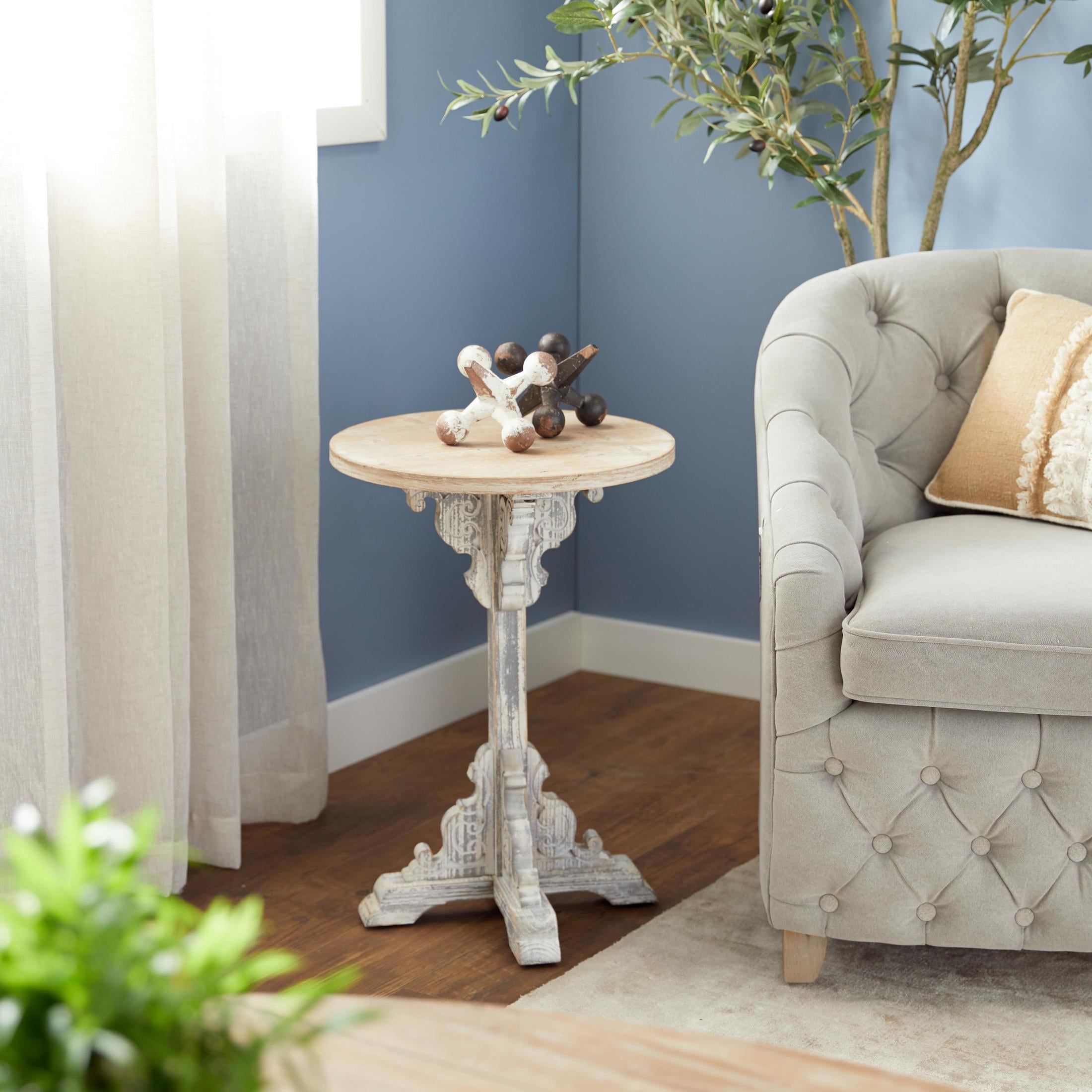 DecMode Farmhouse Wood Round Accent Table with Carved Floral Leg Stand and Brown/White Distressed Finish, 15"W x 23"H