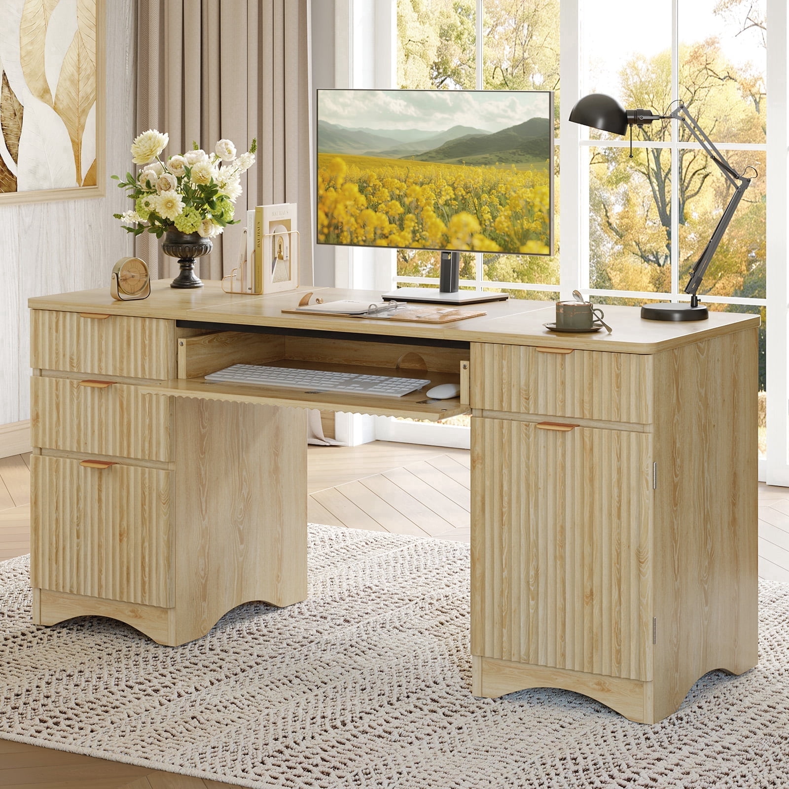 Bestier 63" Executive Desk with Keyboard Tray, Modern Home Office Desk with 4 Drawers & 1 Large Cabinet, Fluted Computer Writing Desk for Study, Living Room, Bedroom, Oak