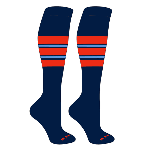 MK Socks Striped OTC Baseball, Softball, Football Socks (E) Navy, Orange, Columbia Blue (XS)