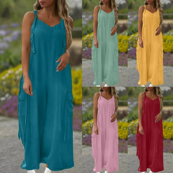 Wiyuqeen Jumpsuits for Women Casual Baggy Cargo Overalls Sleeveless V Neck Bib Wide Leg Rompers Solid Summer Jumpers with Pockets