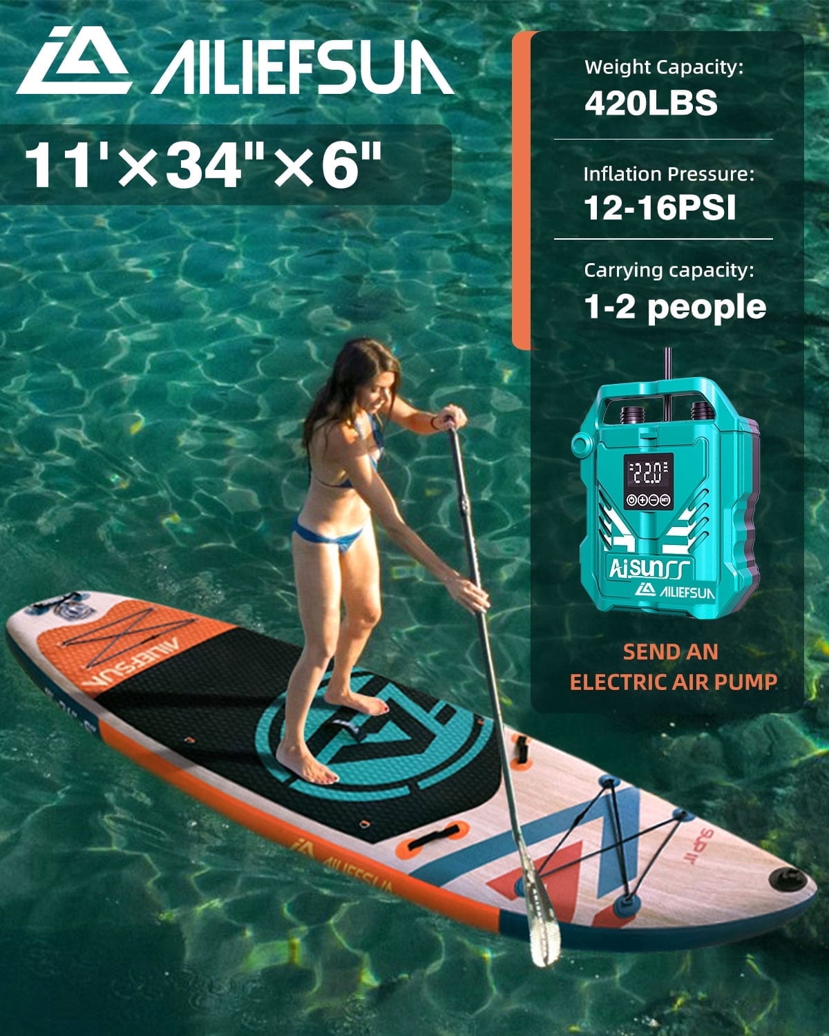 Electric Pump Wood Grain, 11'*34”*6“Ailiefsun Stand Up Paddle Board Inflatable Stable Sup Board with Fishing Paddleboards Accessories for Adults Youth Wide Non-Slip Deck Surfboard