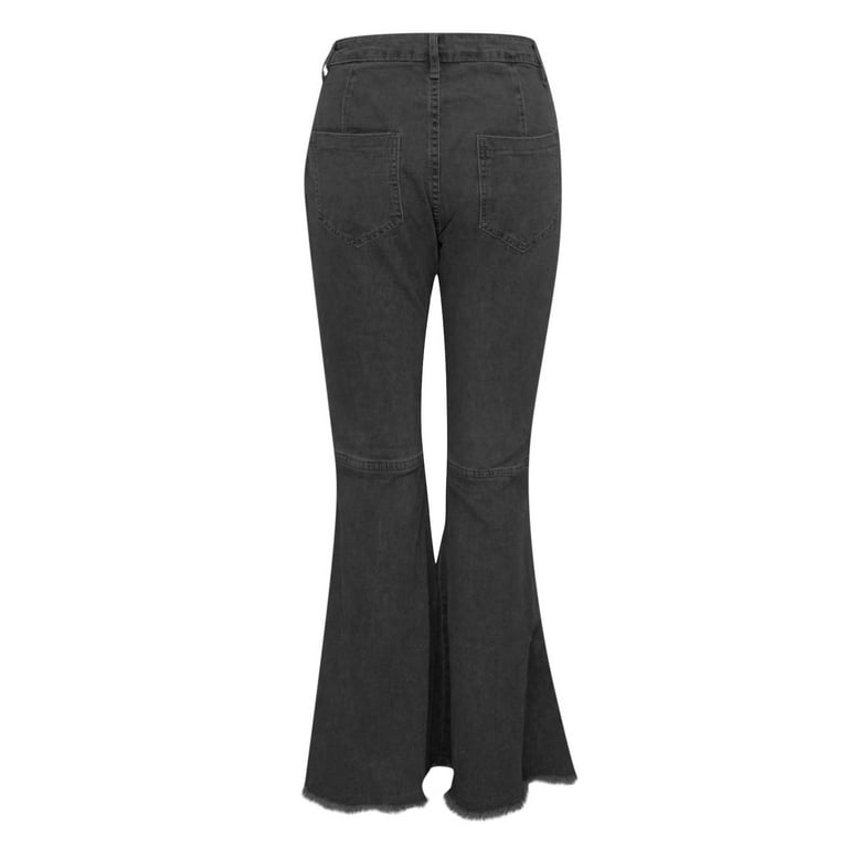 High Waist Flared Jeans Vintage 80s 90s Frayed Raw Hem Bell Bottom Denim  Long Pants for Women Fashion Casual S-3XL (3X-Large, Black) 