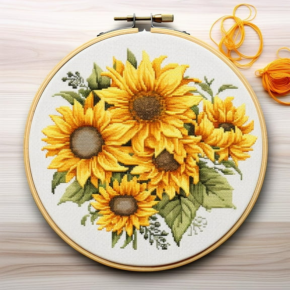 Sunflower Round Shape Stamped Cross Stitch Kits for Beginners Easy with Hoop 11CT Needlepoint Embroidery DIY Counted Cross Stitch Kits Art Craft Wall Decoration 35x35cm(3)