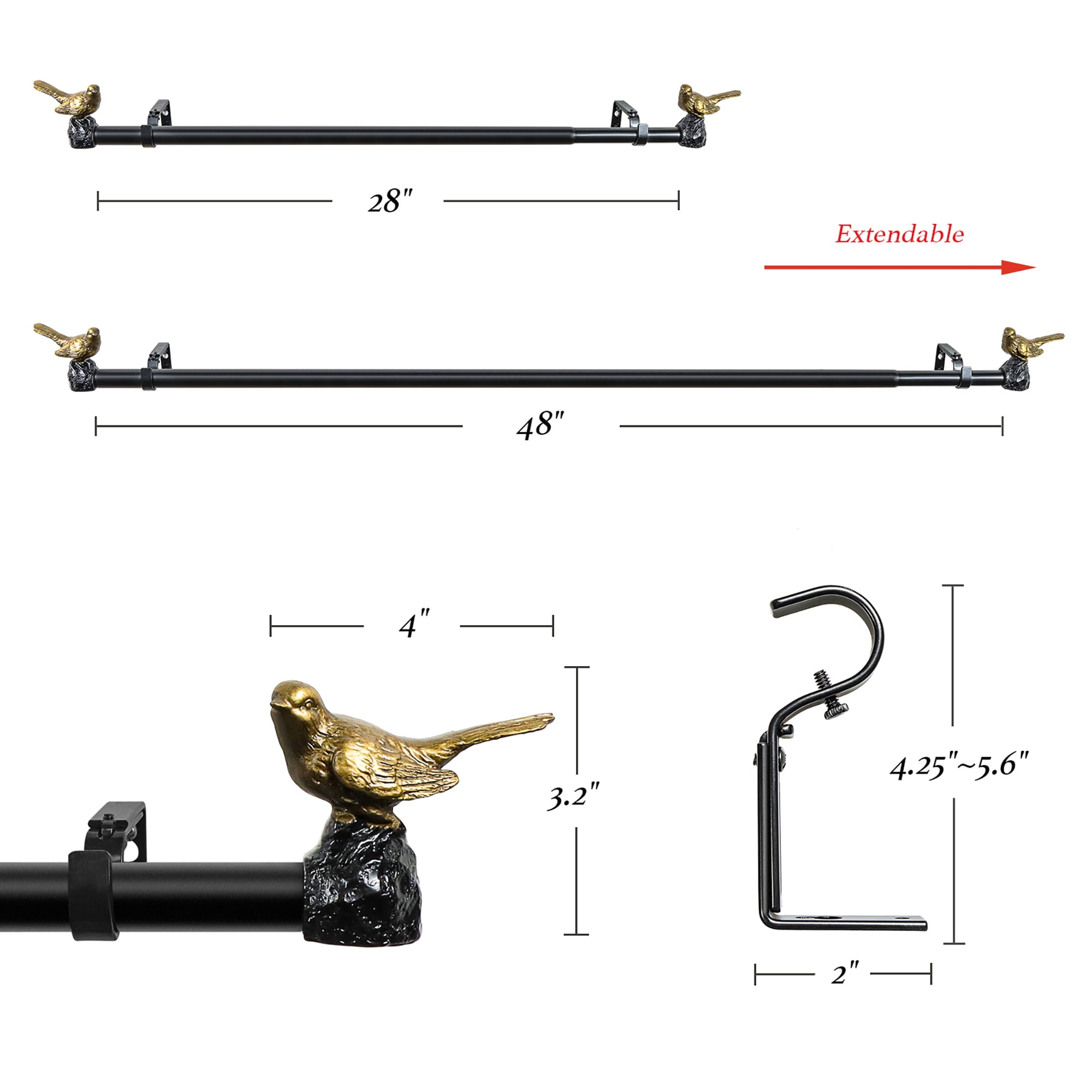MERIVILLE 1" Single Curtain Rod Set, Adjustable 28-48 Inches, Bird Finials, Renaissance Gold