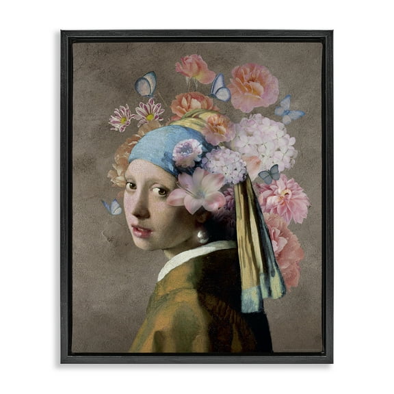 Stupell Industries Classic Portrait with Flowers Plants & Flowers Painting Black Floater Framed Canvas Art Print Wall Art, 17 x 21