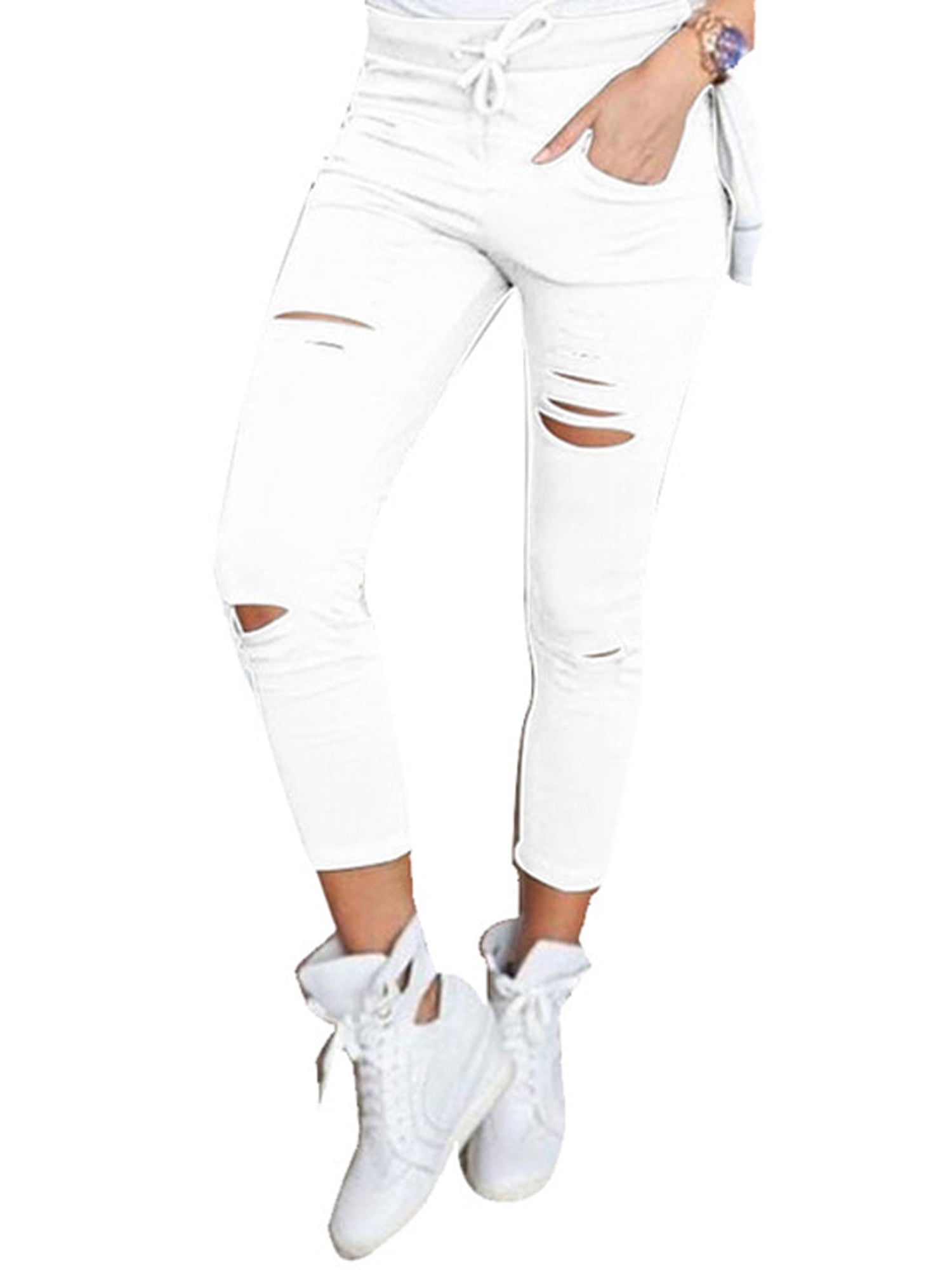 Women Skinny Ripped Holes Jeans Pants Casual Stretch Slim Pencil ...