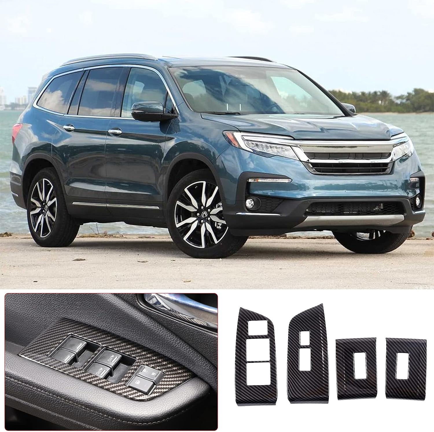 TINKI 4PCS Window Lift Switch Panel Frame Cover Trim for Honda Pilot 2016-2022/ Passport 2019-2023, ABS Material Car Door Window Glasses Lifter Button Decoration Accessories