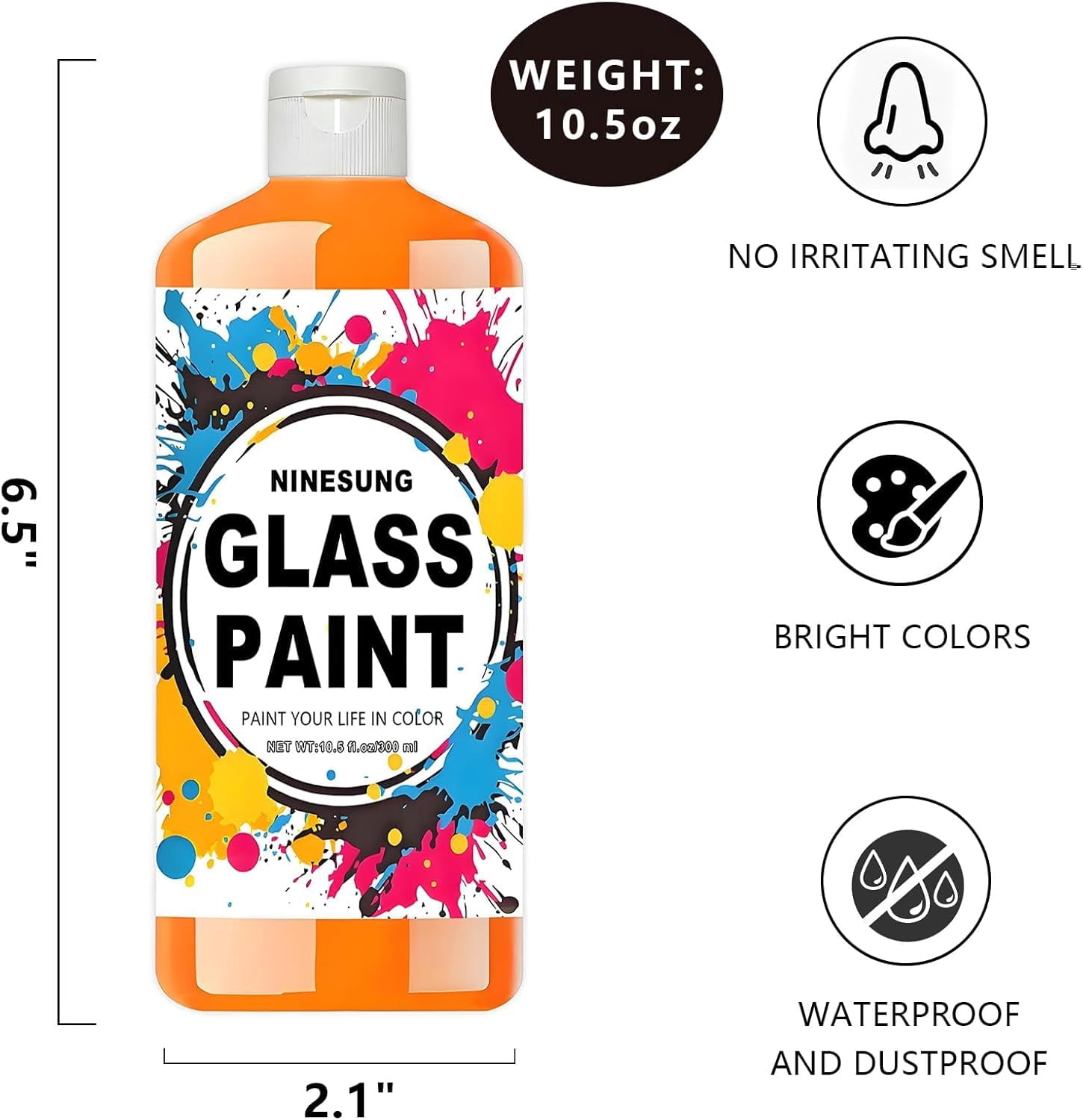 Non-Toxic Acrylic Glass Paint - 10.5oz (300ml) Orange Craft Paint for Windows, Ceramics, DIY Art & Glass Painting, Water-Based, Vibrant & Washable (Orange, 10.5 oz)