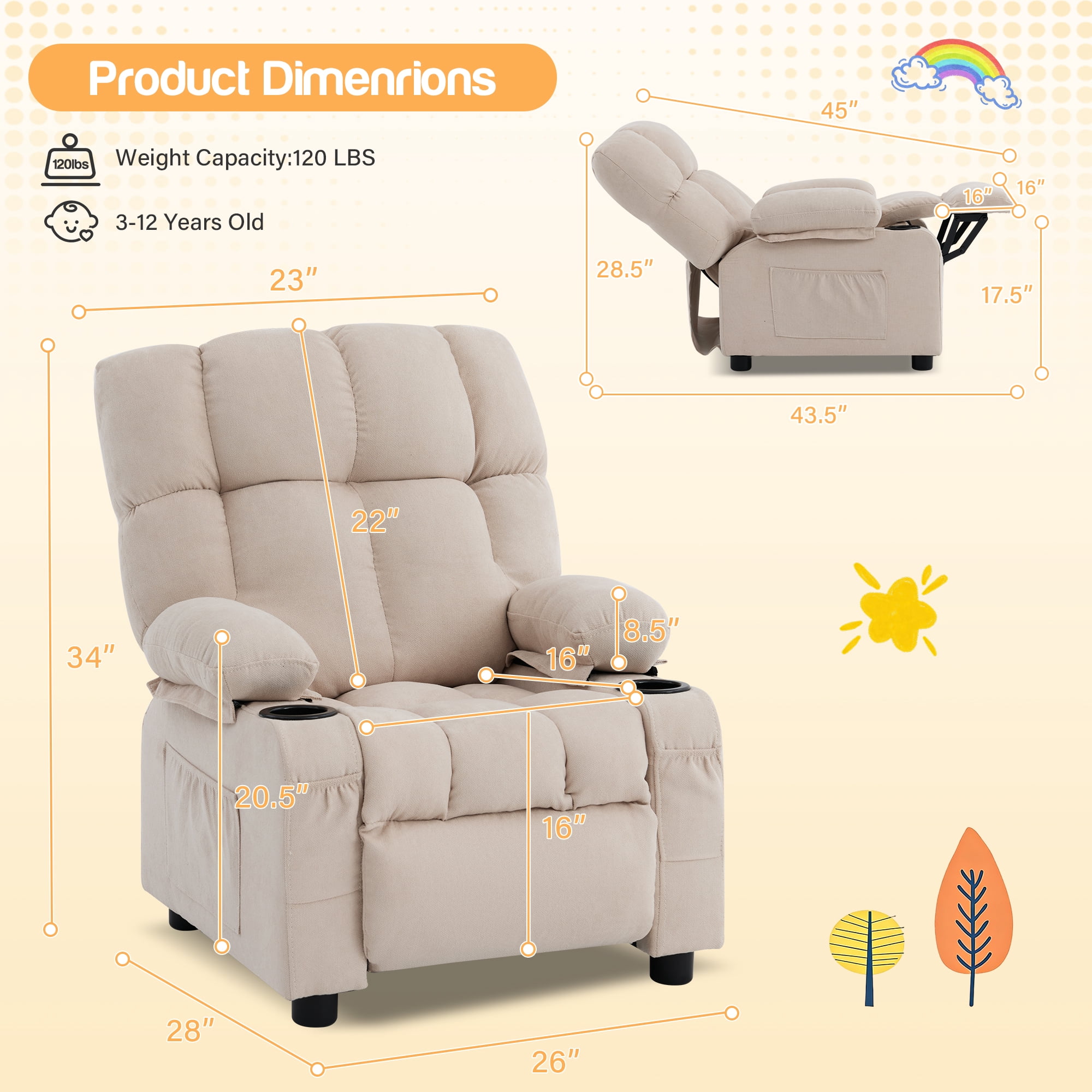 JONPONY Kids Recliner Chair,Push Back Toddler Recliner with Cup Holders & Side Pockets，Adjustable Footrest & Headrest Kids Sofa for Boys Girls 3+ Age Group，Children's Bedroom Furniture ，Beige