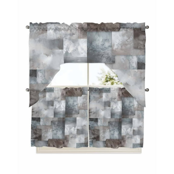 Gray Geometric Kitchen Curtain and Valance Set 3 Pieces, Rod Pocket Short Tier Curtains 24 Inch Length, Modern Abstract Art Block Swag Topper Small Window Treatment for Cafe Bathroom Bedroom
